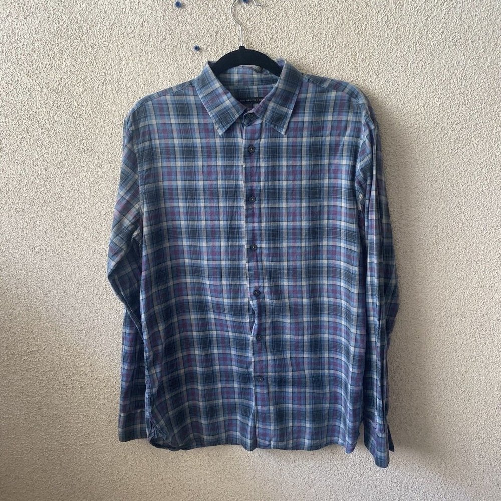 John Varvatos Star USA Mens Top Blue Sport Shirt Check Plaid Button Size Medium